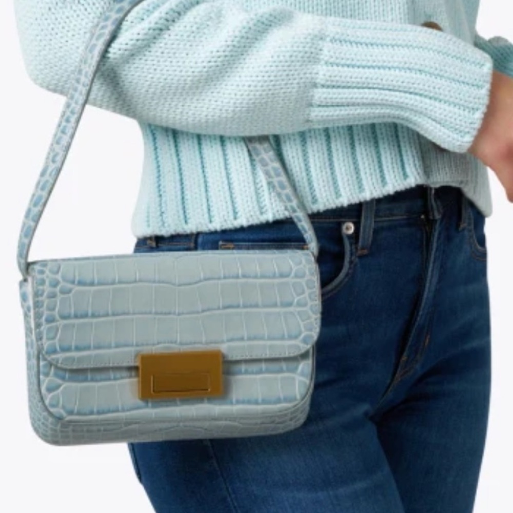 Loeffler Randall Stefania Blue Croc Leather Baguette Shoulder Bag